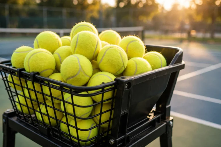 Pressureless tennis balls for ball machines in a hopper basket on court