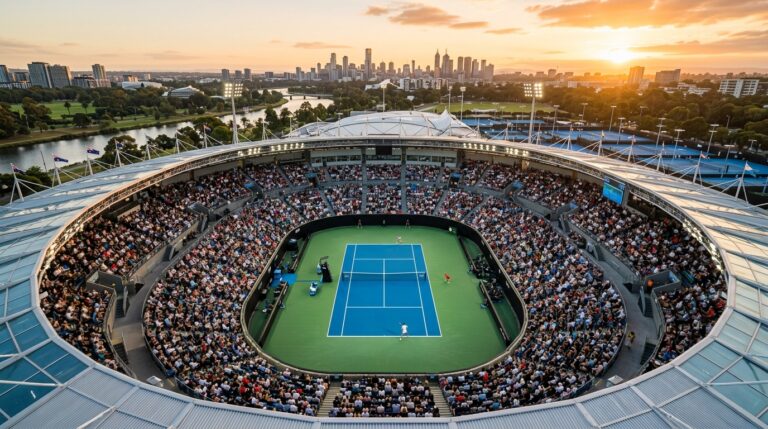 Aerial view of an official championship tennis court layout showing baselines, service boxes, and sidelines