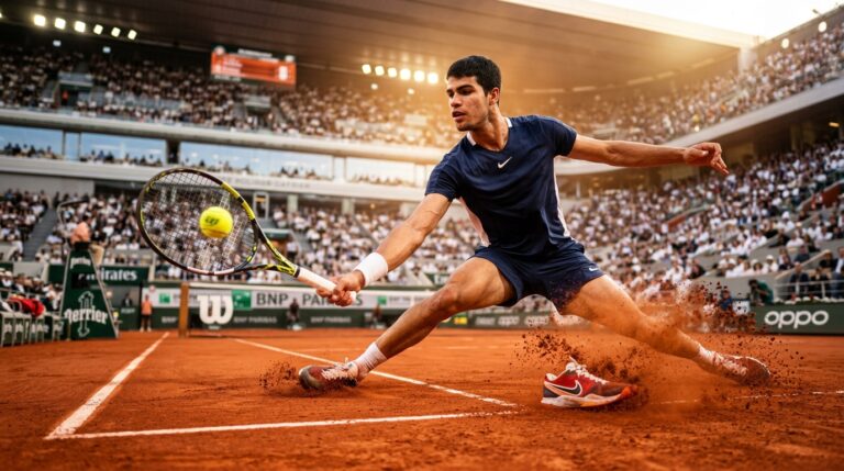 Professional tennis player sliding on a red clay court during a Grand Slam match