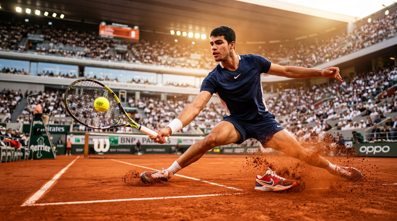 Professional tennis player sliding on a red clay court during a Grand Slam match